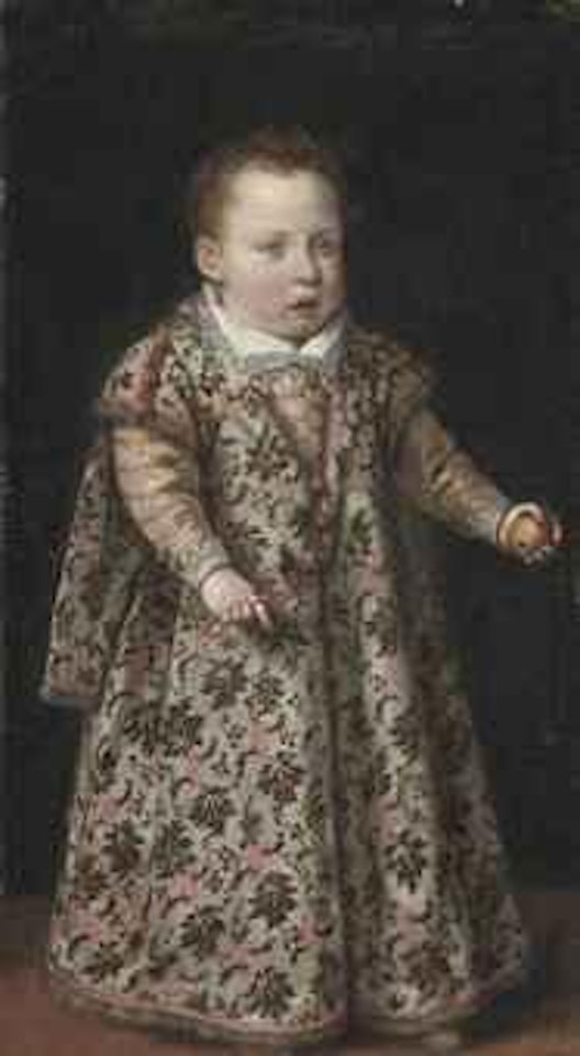 Portrait of a child, aged two, full-length, in a fur-trimmed brocade dress, an apple in his left hand and a flower in his right by Venetian School
