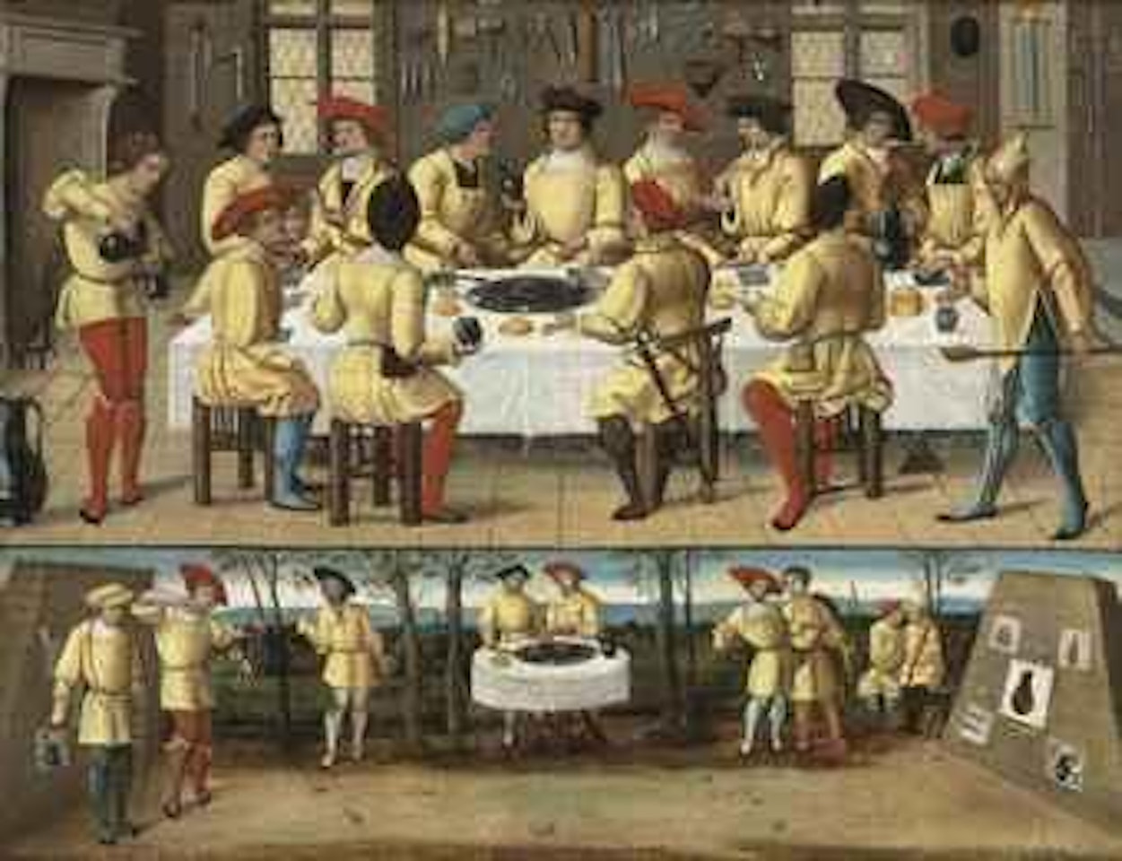 A guild banquet with a fool, with an archery competition below by Netherlandish School