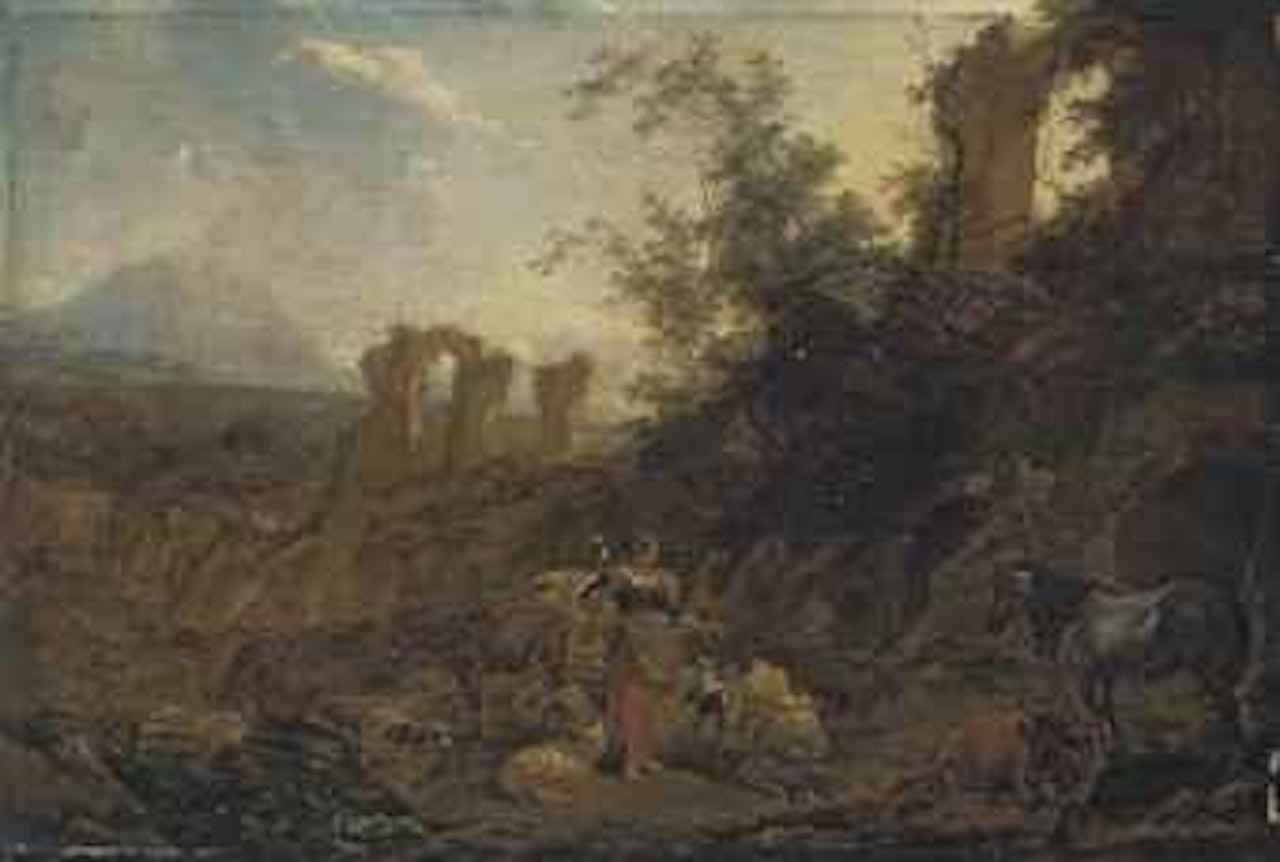 A mountainous landscape with a shepherdess with her flock and a traveller with his horse by classical ruins by Nicolaes Pietersz Berchem