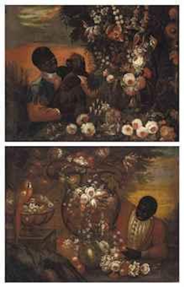 A Moor with parrots, flowers and an urn in a landscape; and A Moor with a lion cub and flowers in a landscape by Spanish School