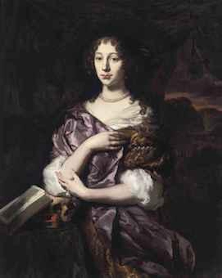 A vanitas portrait of a lady, three-quarter-length, in a gold dress and purple wrap, her elbow resting on a skull, with an hour-glass and an open book, in a landscape by Nicolaes Maes