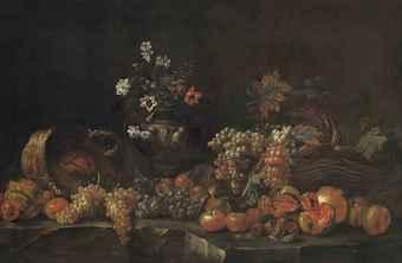 Grapes, pomegranates, apples, lemons, wicker baskets and a sculpted vase with flowers on a ledge by Jean Baptiste Monnoyer