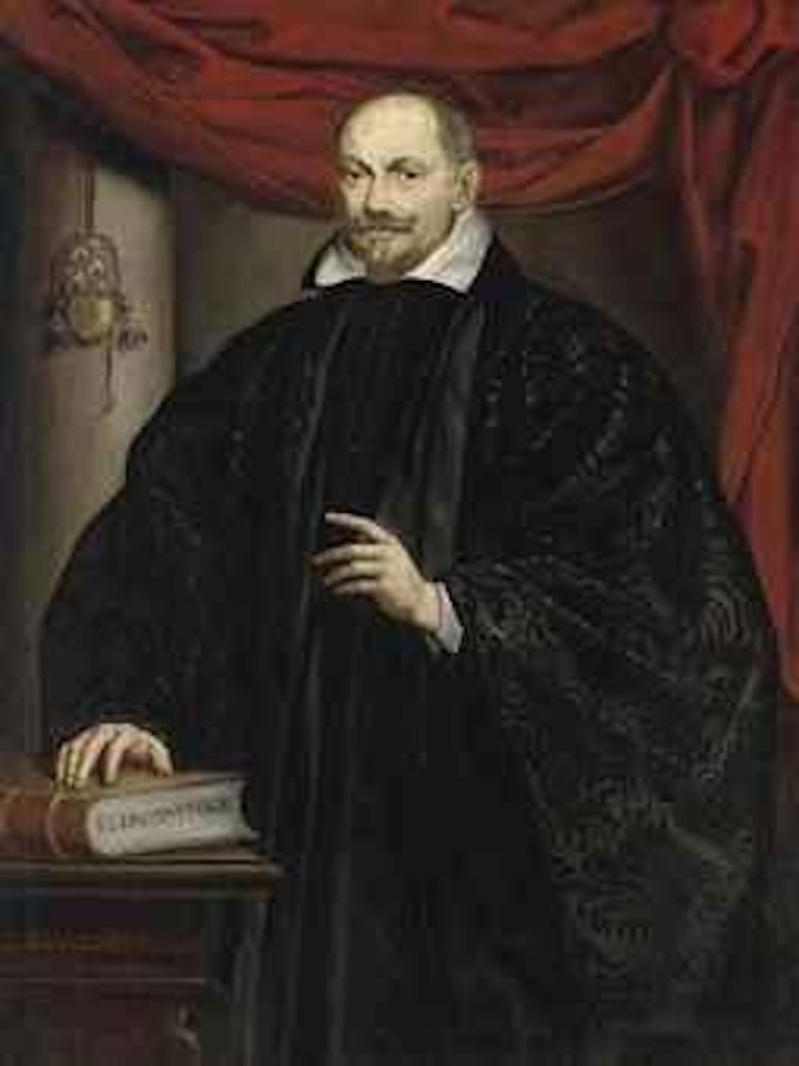 Portrait of a gentleman, three-quarter-length, in black robes, his right hand on a book by Leandro Bassano