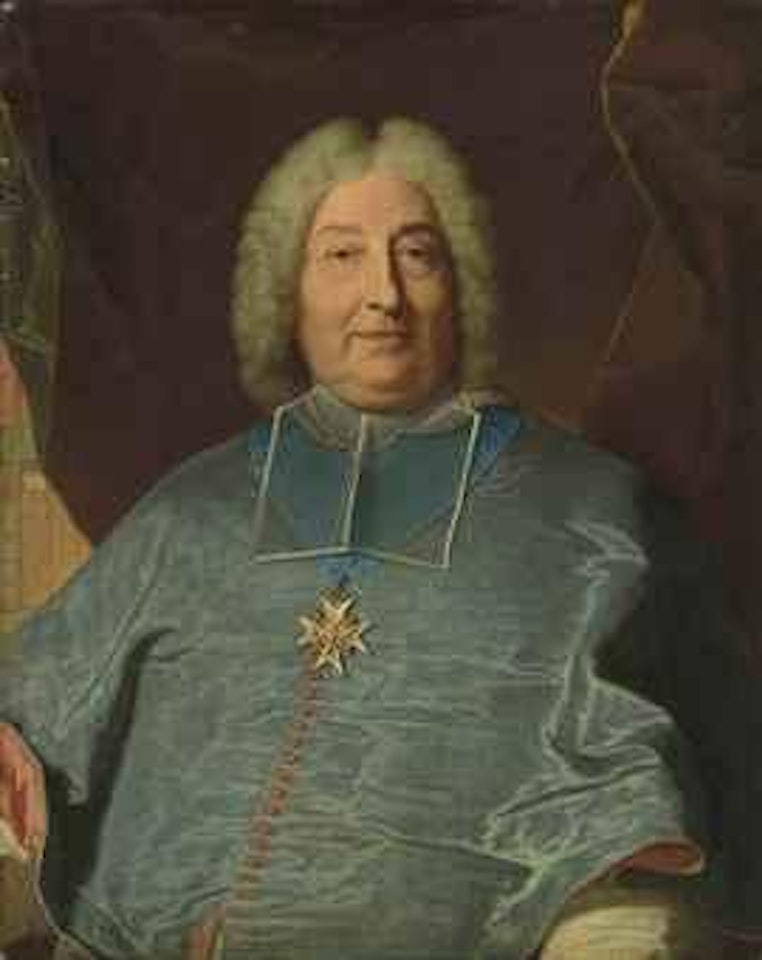 Portrait of a man, half-length, in a blue coat with the Order of Saint Esprit, seated before a draped curtain by Hyacinthe Rigaud
