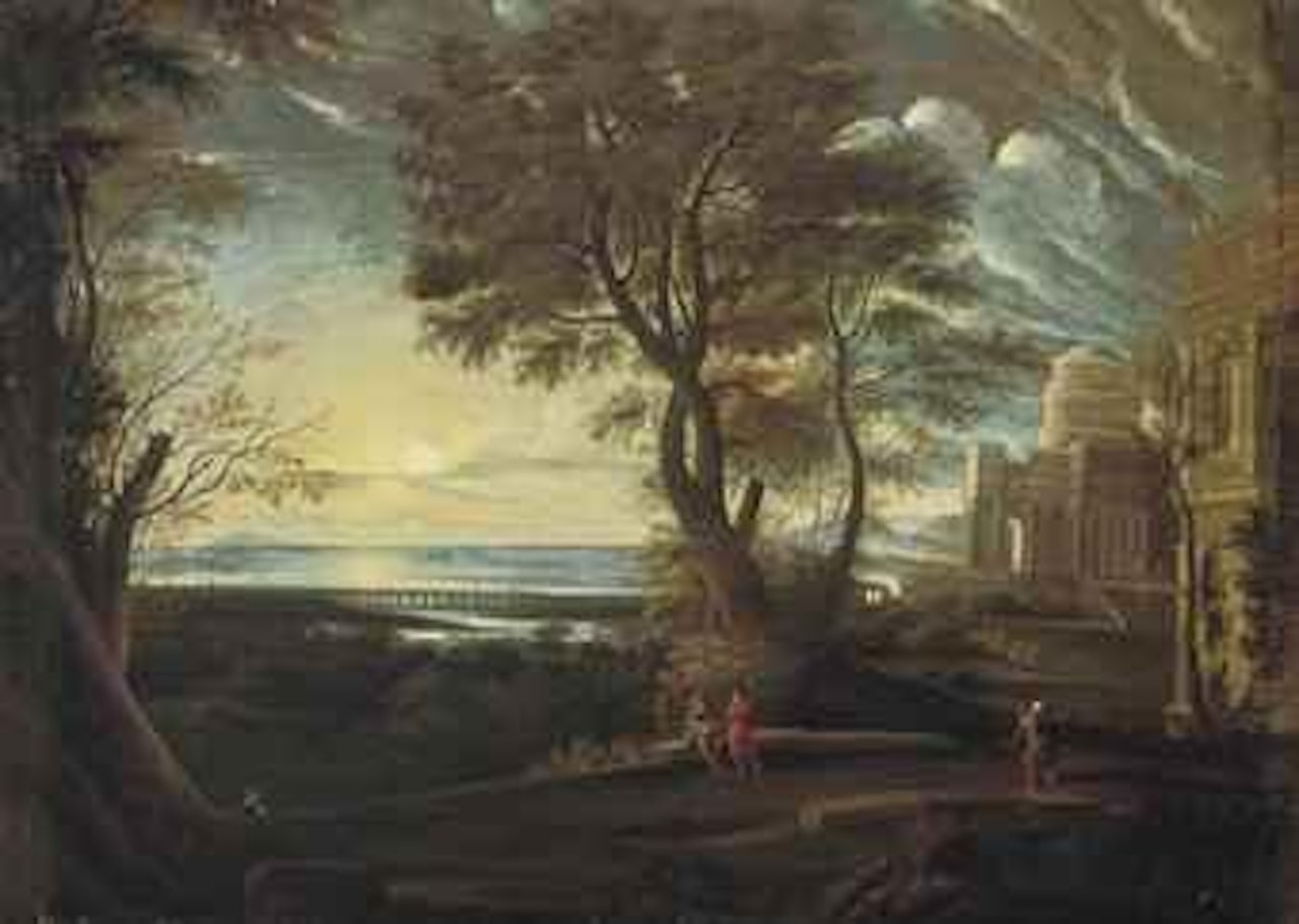 A classical landscape with figures resting on a bridge by Claude Lorrain