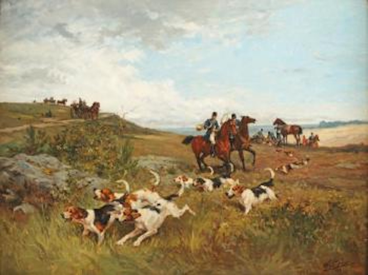 Chasse à courre, probablement la société de Chantilly chassant dans la forêt de Halatte et Ermenonville by Olivier de Penne