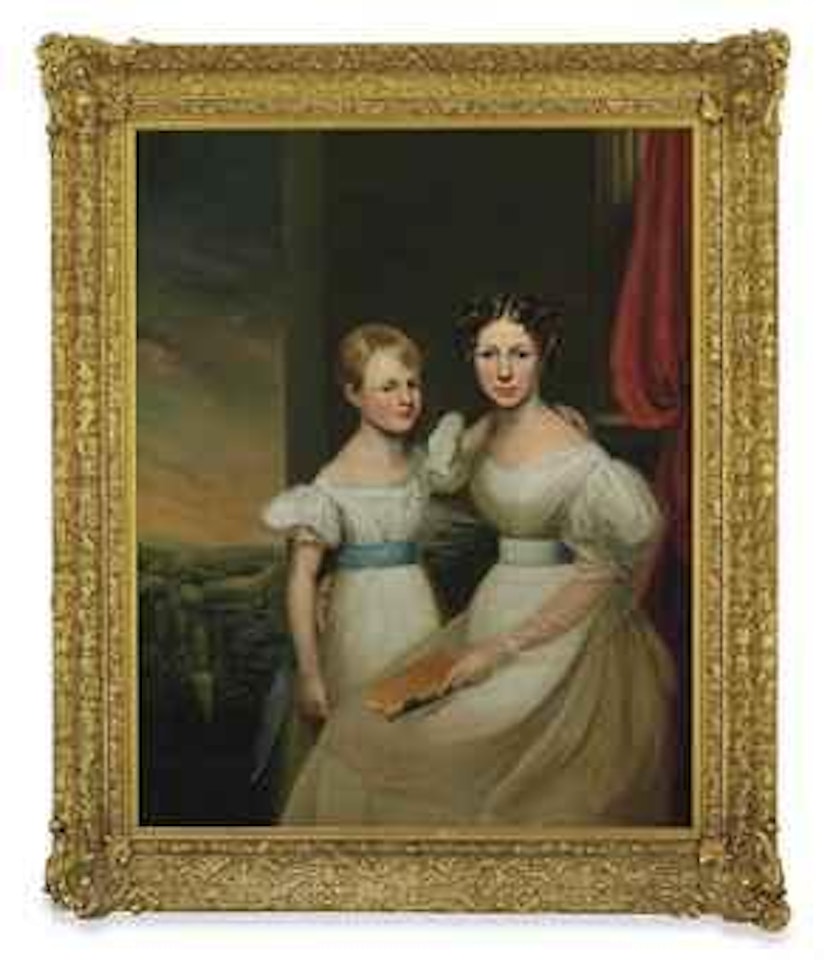 Double portrait of the Maitland sisters, three-quarter-length, the former in white dress, seated holding a book 'Cooper's Poems', the latter in white dress with blue sash, mountainous wooded landscape with house beyond by English School