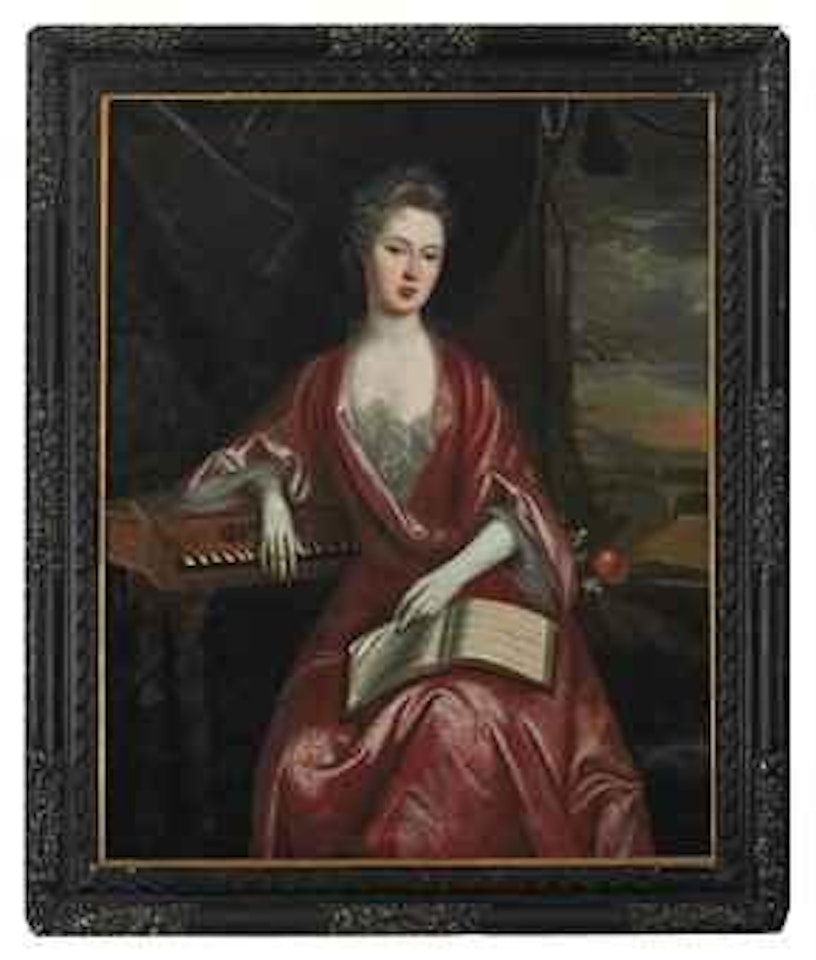 Portrait of a lady, three-quarter-length, in a red dress, seated at a virginal with a book of music open on her lap, a landscape with an arch beyond by English School