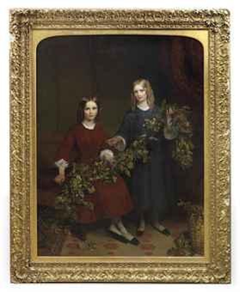 Double portrait of Emma and Lorna Bagnell, full-length, one in red dress, seated on a stool, the other in a blue dress, standing holding a garland of holly between them, in an interior by English School