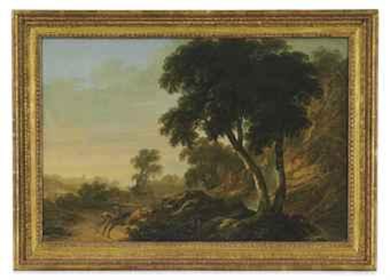 A wooded landscape with a waterfall possibly at Powerscourt and riders on a path in the foreground, a church in the distance by Thomas Roberts