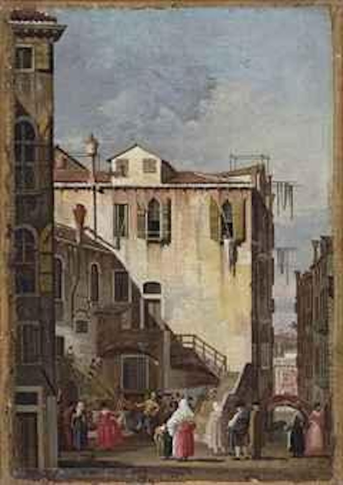 A courtyard in Venice, with a man and a woman dancing, several onlookers surrounding them by Canaletto