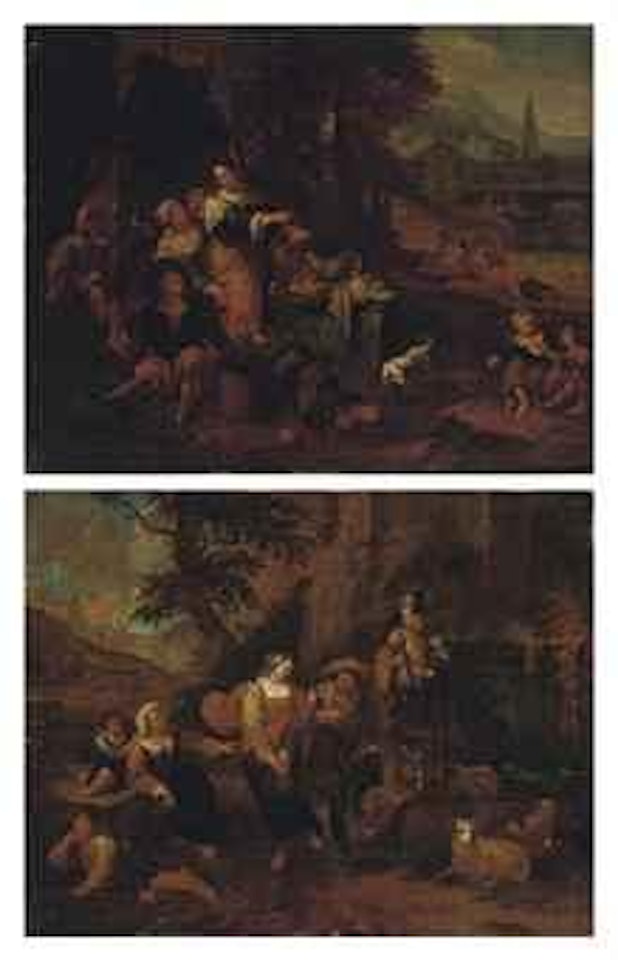 A classical wooded river landscape with peasants selling fruit beneath a fountain; and A classical landscape with peasants merry making by Theodor Helmbreker