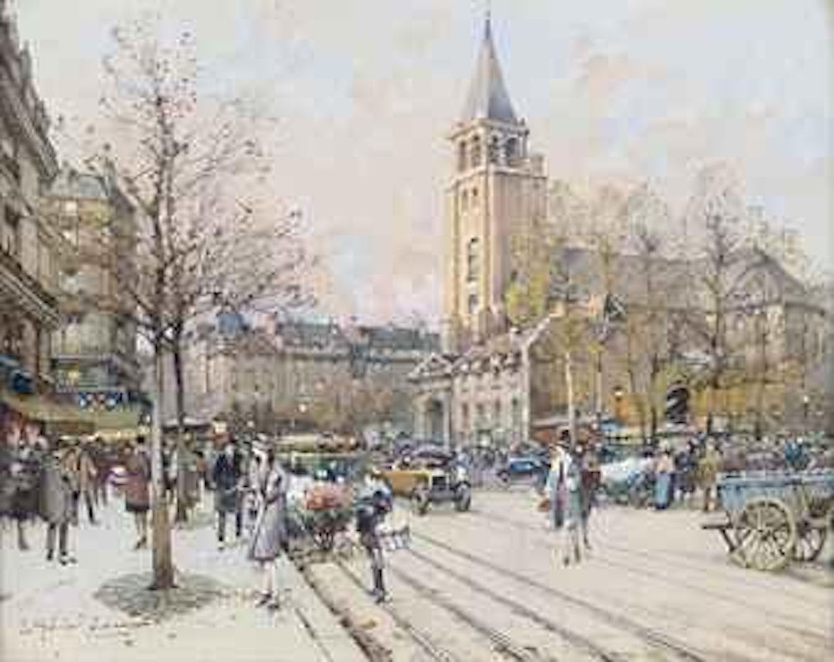 A bustling street at l'Eglise de St-Germain-des-Prés, Paris by Eugene Galien-Laloue