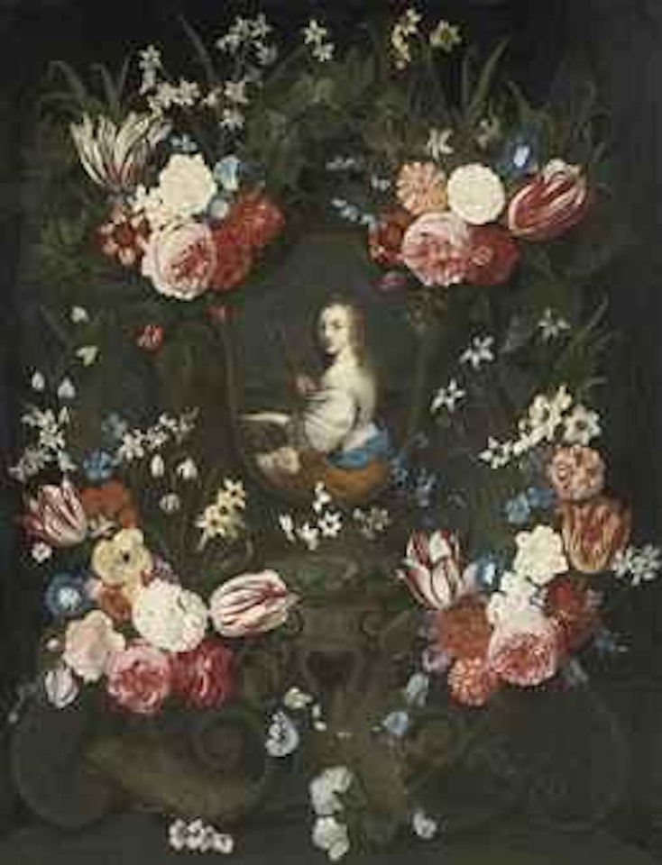 Saint Agnes, in a sculpted cartouche, surrounded by garlands of roses, tulips, carnations and other flowers by Jan Van Kessel The Elder