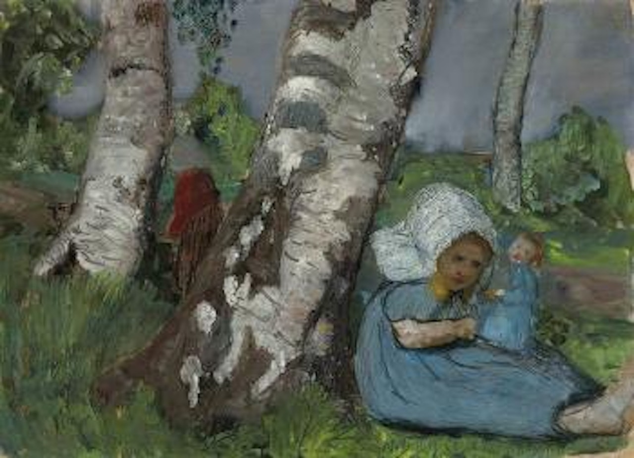 Kind mit Puppe am Birkenstamm sitzend by Paula Modersohn-Becker