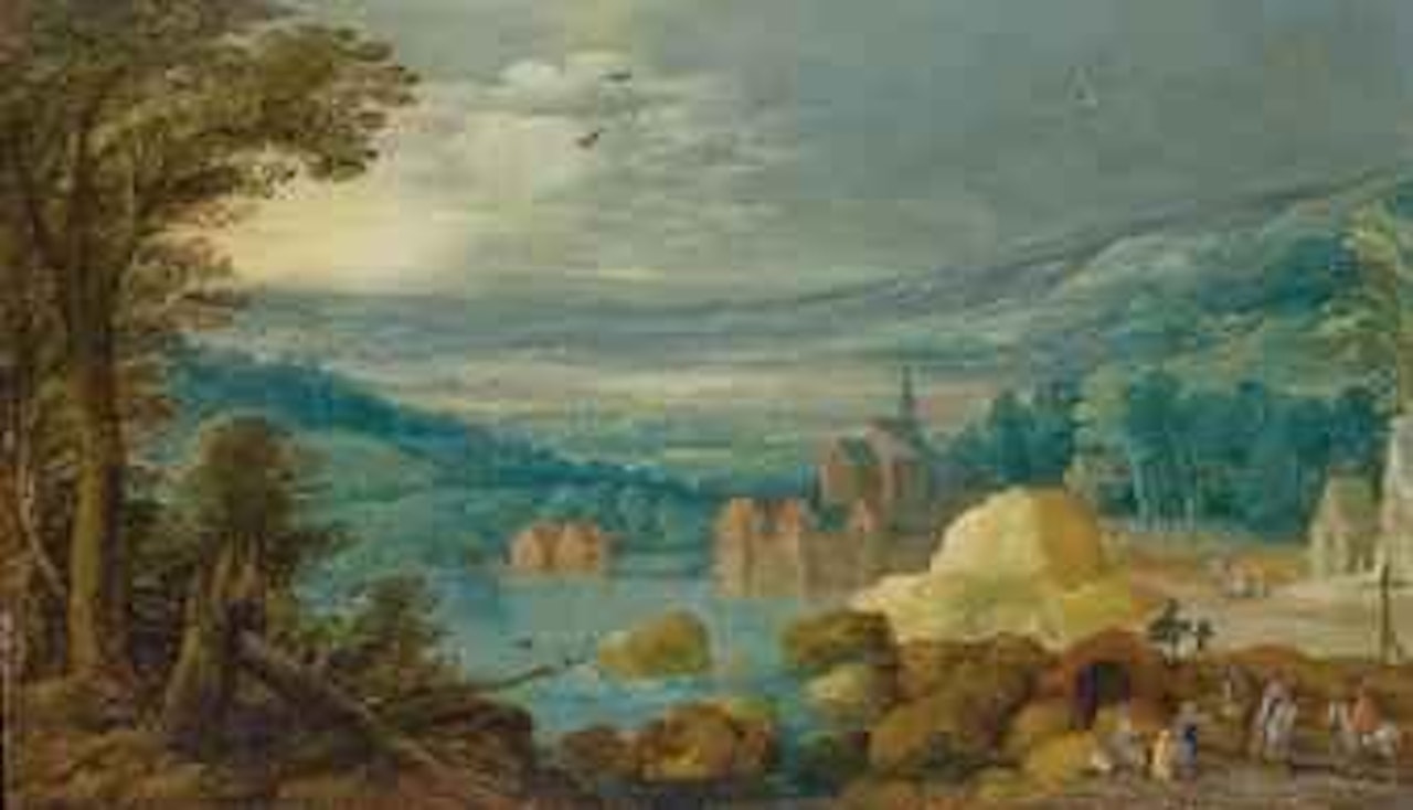 Village au bord d'un lac, des collines à l'arrière-plan by Jan Brueghel by Joos de Momper the Younger