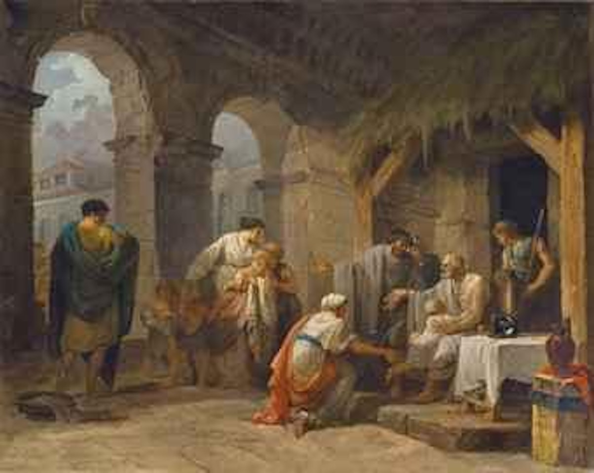 Bélisaire recevant l'hospitalité d'un paysan qui a servi sous ses ordres by Hubert Robert