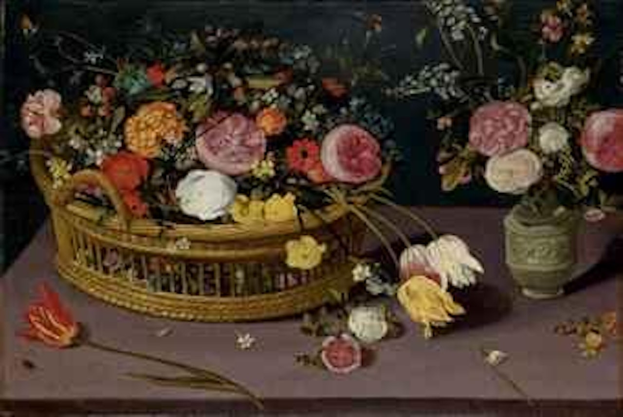 Fleurs dans une corbeille en osier et un vase de fleurs sur un entablement en pierre by Jan Brueghel the Younger