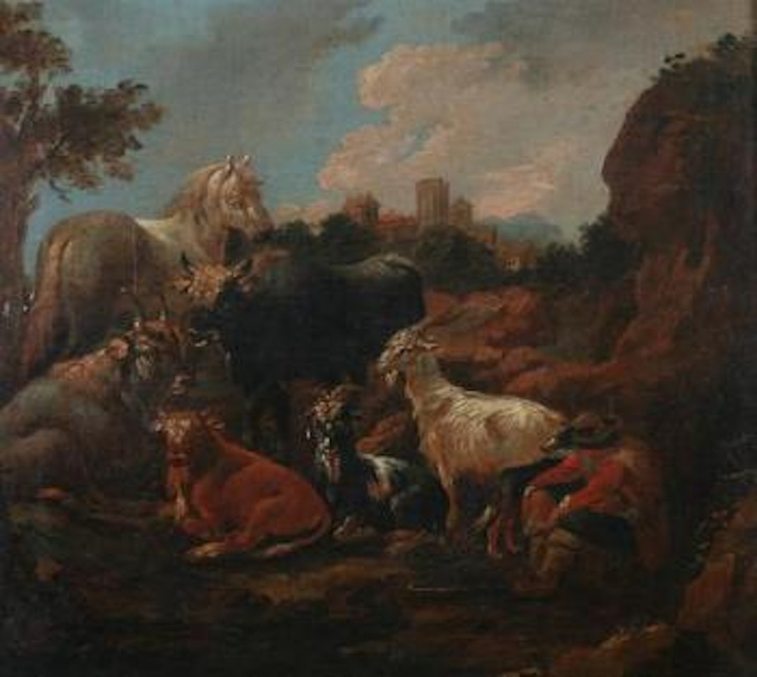 Pastoral landscape with shepherd and animals by Philipp Peter Roos