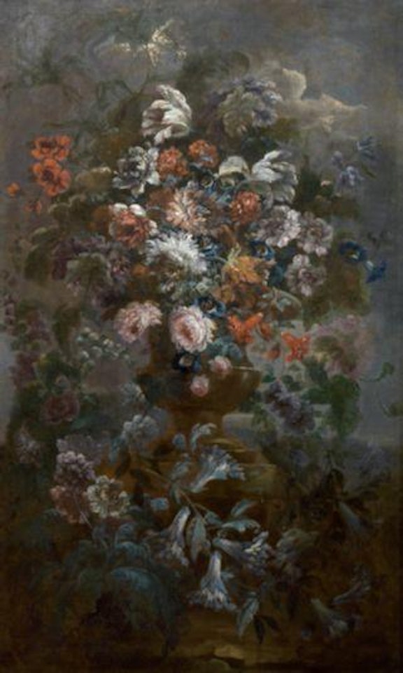 Cascata di fiori in un vaso entro paesaggio by Roman School