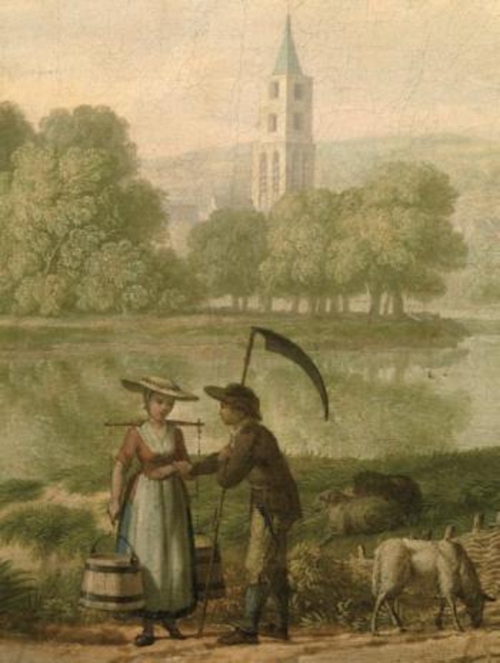 Paesaggio fluviale con contadinelli. Paesaggio campestre con carrozza by French School