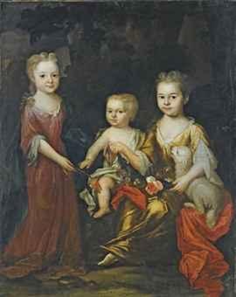 Ritratto di tre bambine su sfondo di paesaggio by English School