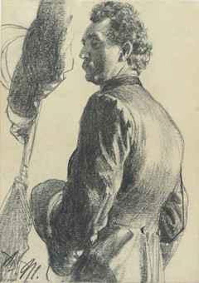 Homme vu de dos en redingote avec son chapeau à la main, étude subsidiaire du bras gauche by Adolph Menzel