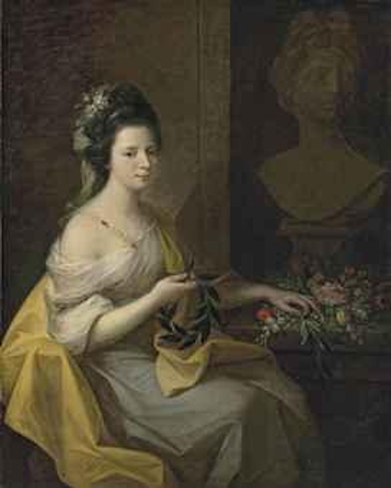 Portrait of lady, believed to be Elizabeth Muncaster, née Dale, three-quarter-length, in a dress with a pearl clasp and a yellow mantle, flowers in her hair, holding a laurel wreath, before a bust of the Apollo Belvedere by Angelica Kauffmann