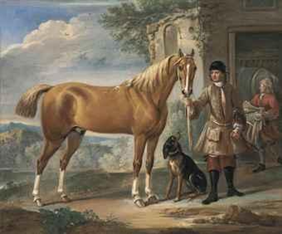 John Shafto of Bavington Hall, and Whitworth Hall, Northumberland, holding a hunter, in a landscape, with a groom and stable beyond by John Wootton