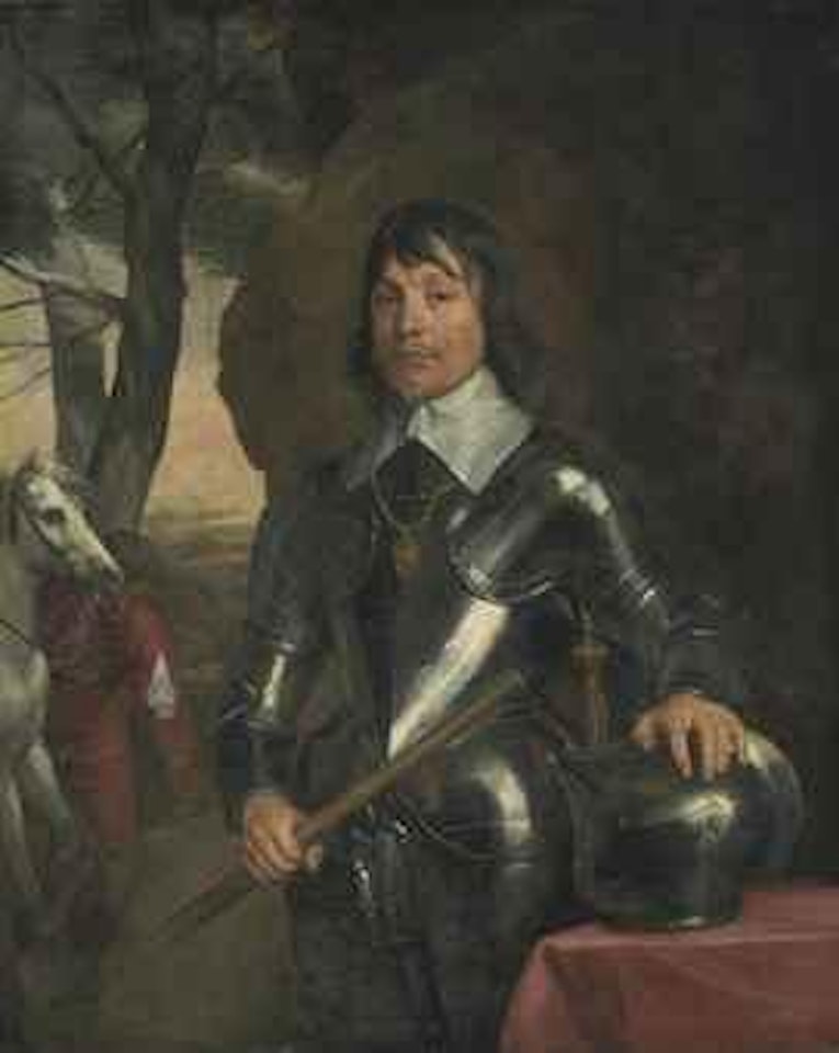 Portrait of James, 3rd Marquess and later 1st Duke of Hamilton (1606-1649), three-quarter-length, in armour, with Order of the Garter, holding baton of command, left hand resting on helmet on red draped table, in a rocky landscape, groom and horse beyond by Anthony van Dyck