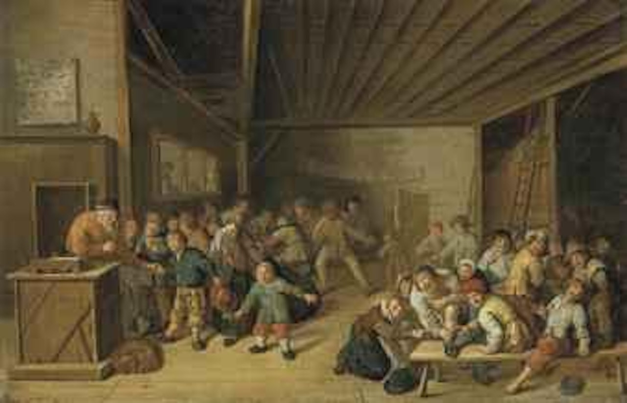 A schoolroom interior, with a teacher at a podium, and pupils merrymaking by Jan Miense Molenaer