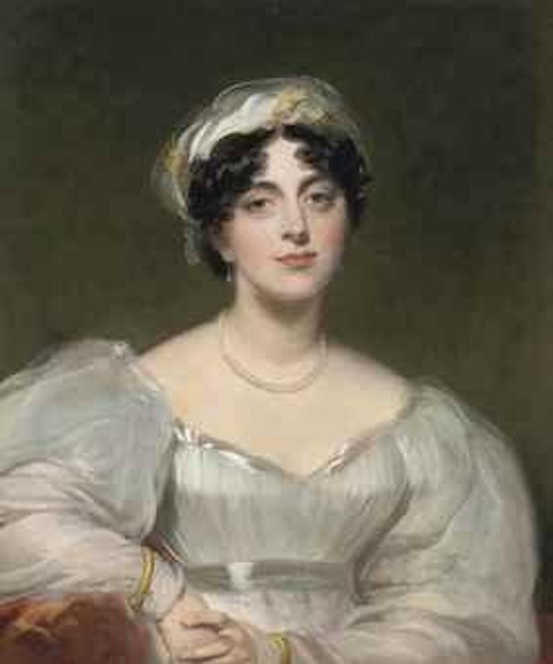 Portrait of a lady, traditionally identified as Mrs Finch, half-length, in a white dress with a pearl neckelace and a headdress by Sir Thomas Lawrence