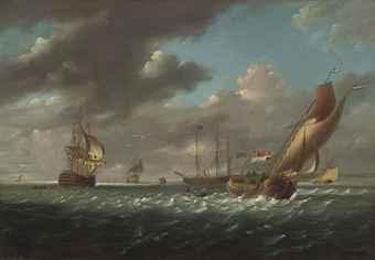 English warships, a cutter yacht and other shipping in a stiff breeze in the Downs by Charles Martin Powell