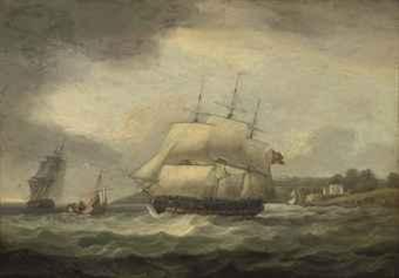 A Royal Navy frigate in the Solent off Cowes Castle, Isle of Wight by Thomas Luny