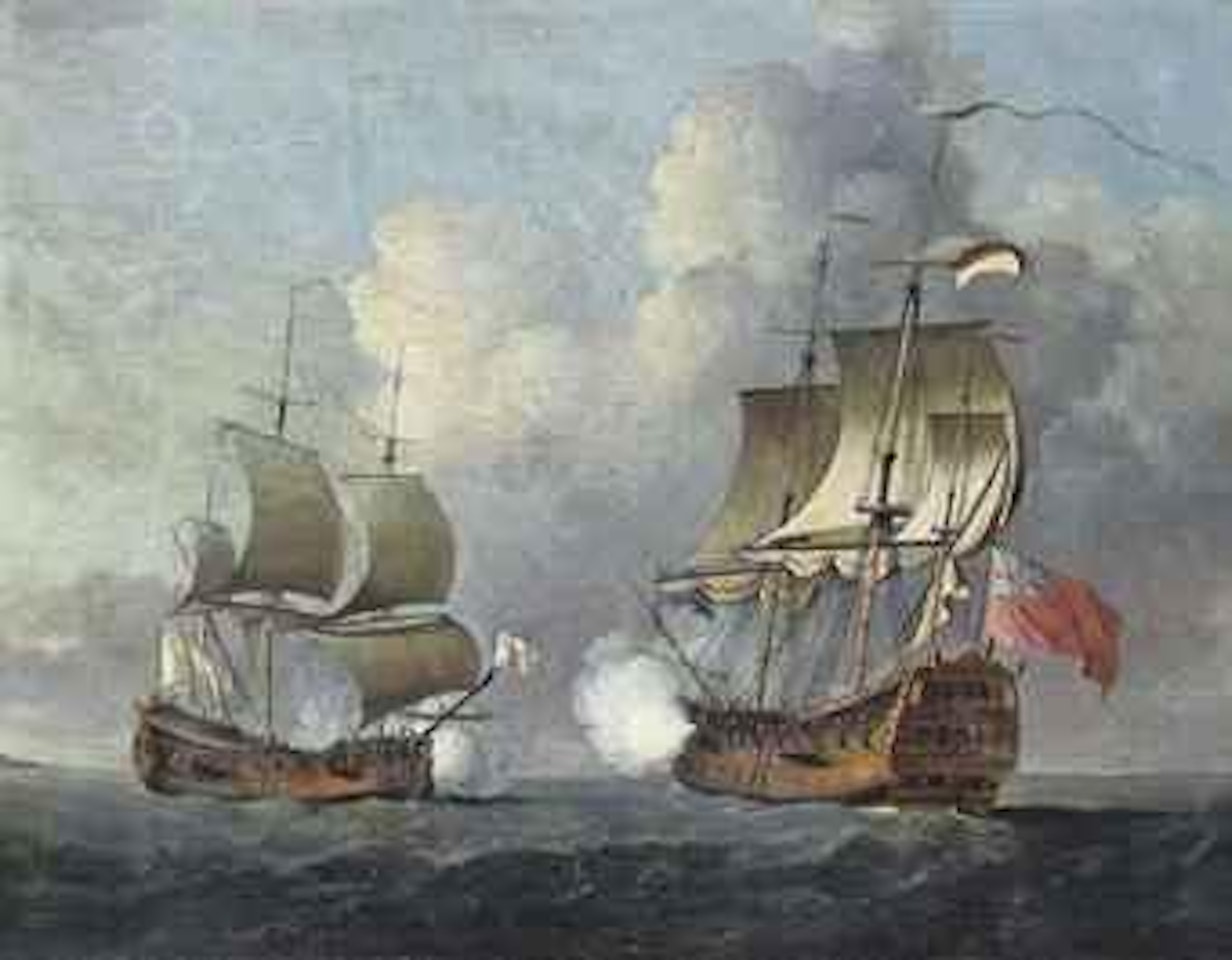 A Royal Navy two-decker opening fire on a Spanish two-decker flying the flag of Ostend by Peter Monamy