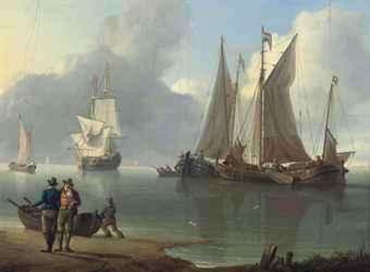 Dutch hoys and a warship at anchor off the Low countries by Charles Martin Powell