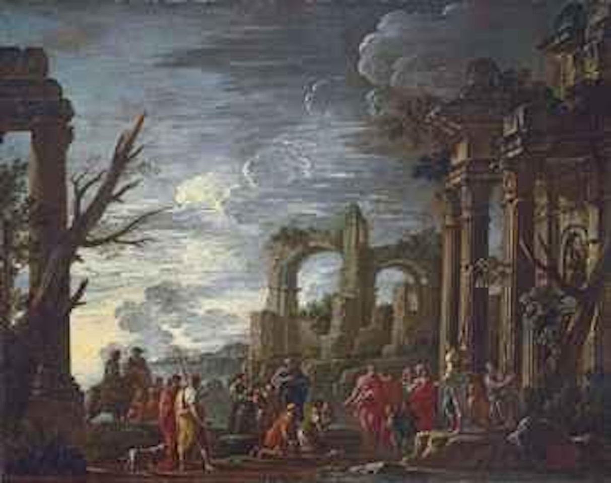 A capriccio landscape with a king and other figures amidst classical ruins by Giovanni Ghisolfi