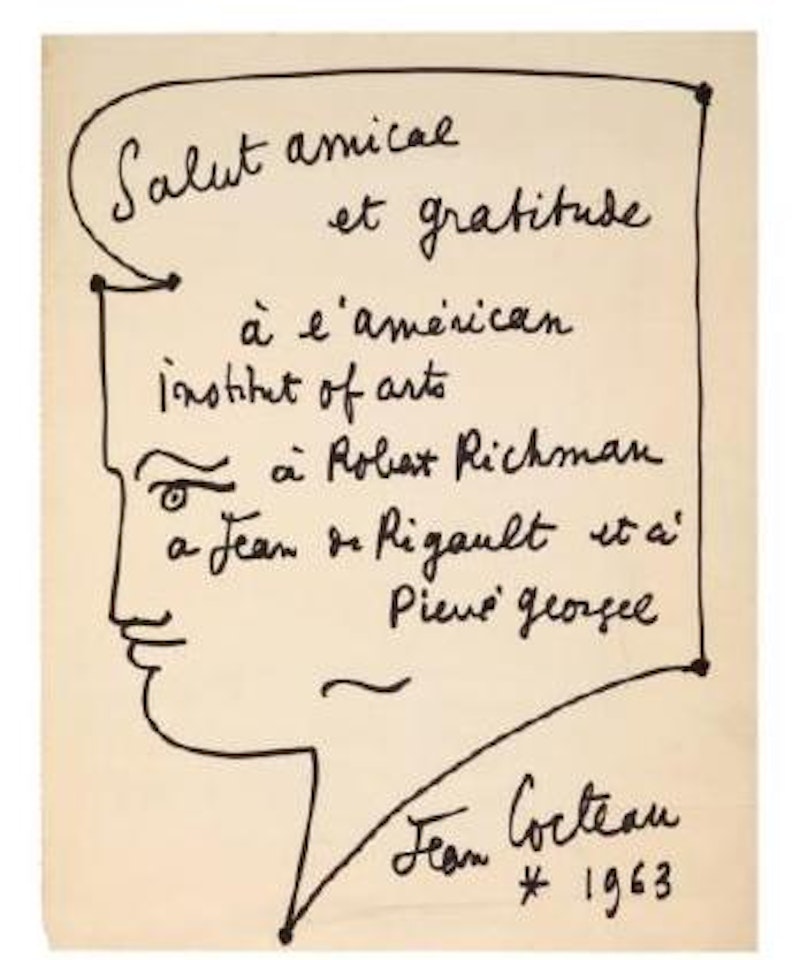 Salut amical et gratitude à l'American Institut of arts à Robert Richman à Jean de Rigault et à Pierre Georgel. 1963 by Jean Cocteau