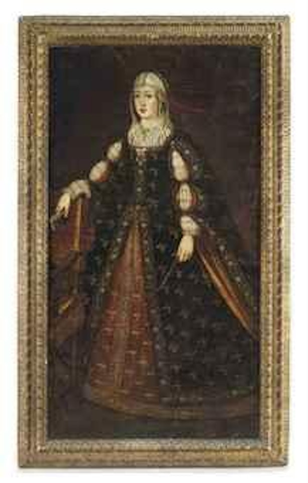 Portrait of Isabella I of Castille (1451-1504), full-length, in an embroidered and bejeweled dress, a Book of Hours in her right hand by Spanish School