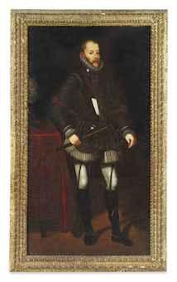 Portrait of 'Philip the Prudent', King Philip II of Spain (1527-1598), full-length, dressed in armour, a baton in his right hand, his helmet resting on a table by Spanish School