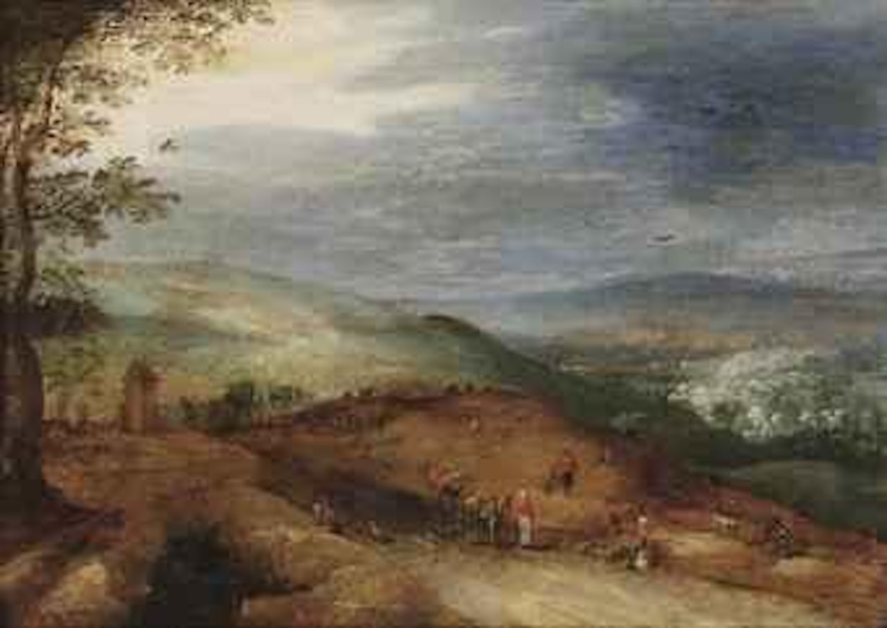 A hilly landscape with figures on the road by Jan Brueghel by Joos de Momper the Younger