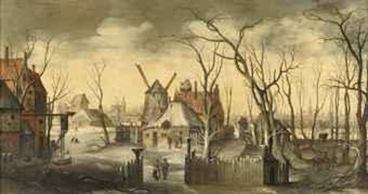 A village in winter with figures at their daily activities, a view of a town, said to be Bruges, in the background by Joos de Momper the Younger