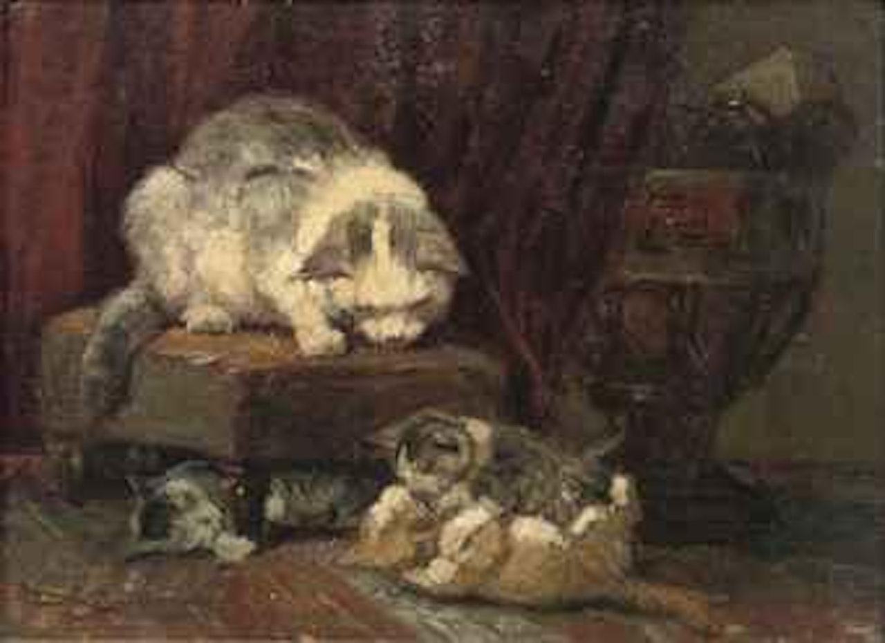 A mother cat watching her kittens play by Henriette Ronner-Knip