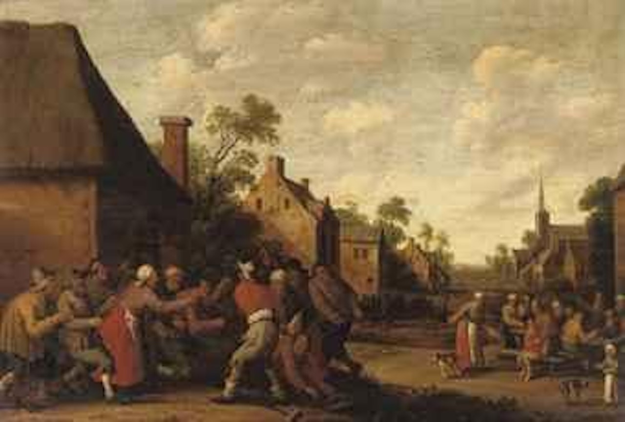 A village scene with a brawl in front of an inn by Joost Cornelisz Droochsloot