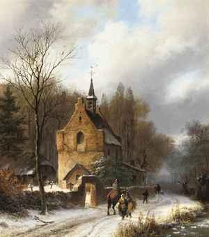 A winter landscape with a chapel, a horseman and travellers on a path by Barend Cornelis Koekkoek