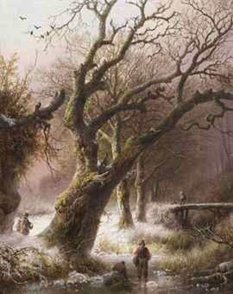 A winter landscape with wood gatherers near a large oak by Barend Cornelis Koekkoek