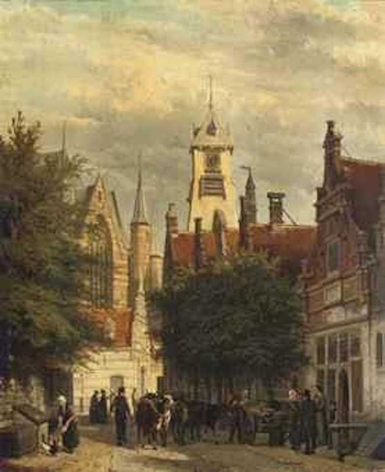 Townspeople and cattle in the Bagijnestraat with the Westerkerk in the background, Enkhuizen by Cornelis Springer