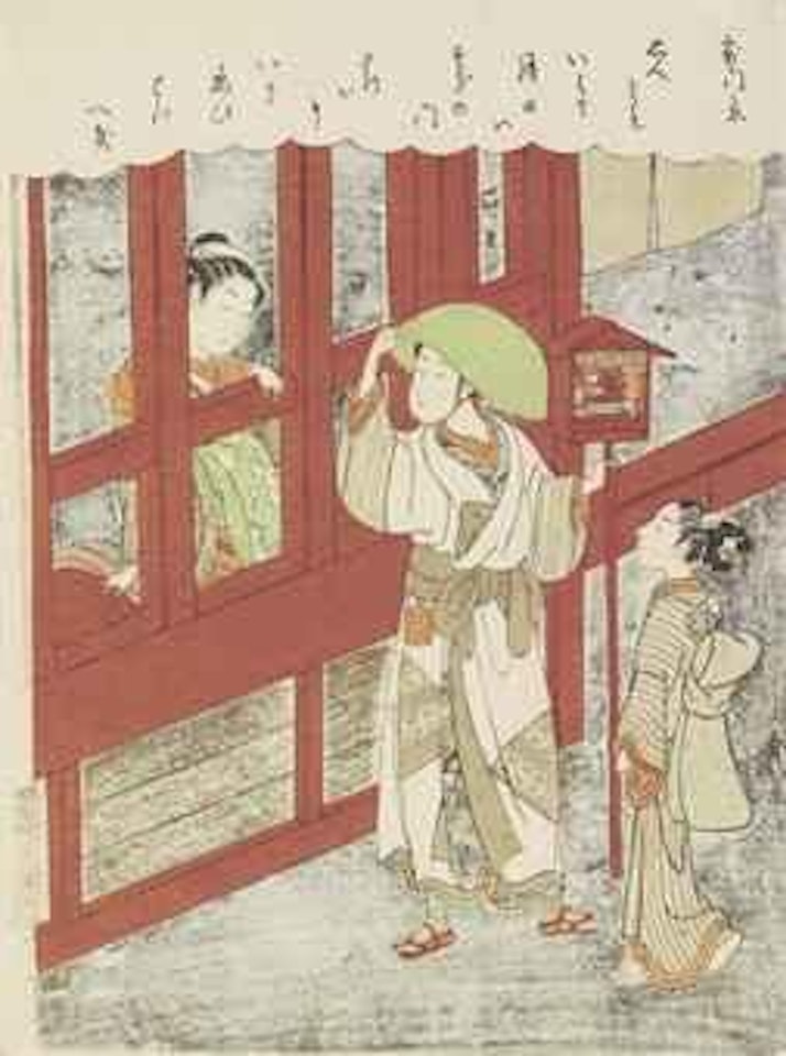 A courtesan speaking with a young man dressed as a komuso from the inside of a brothel by Suzuki Harunobu