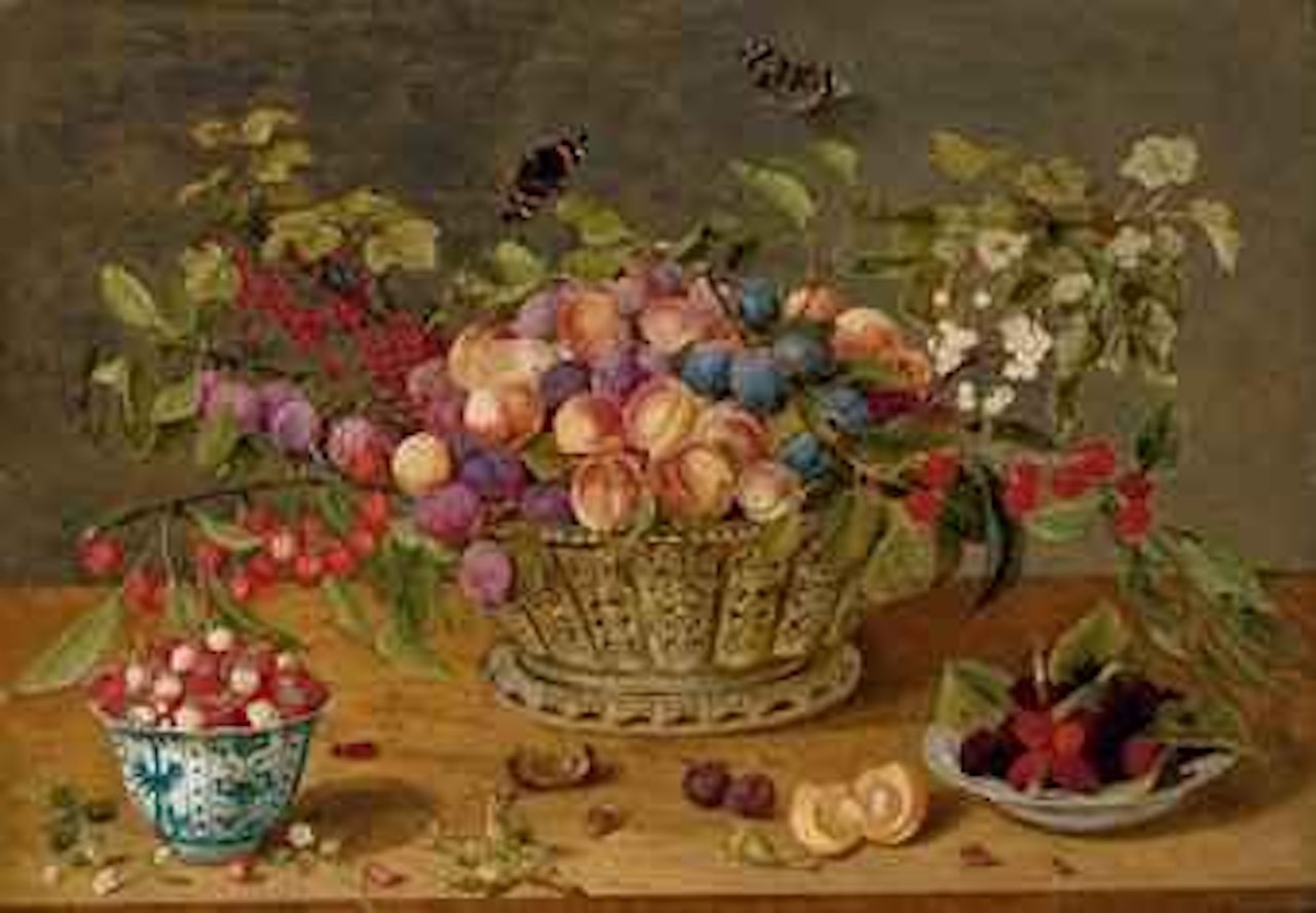 Prunes, abricots, cerises et groseilles dans une corbeille avec coupelles de framboises et de fraises des bois sur un entablement by Isaak Soreau