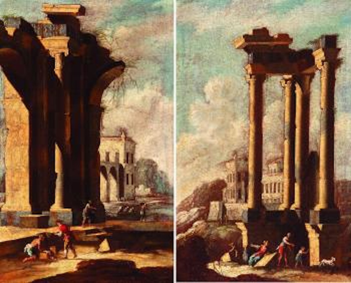 Capriccio architettonico con astanti sulla riva di un lago. Capriccio architettonico con figure by Gennaro Greco